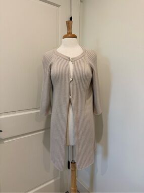 Massimo Rebecchi Longline Ribbed Button-Front Cardigan in Light Beige